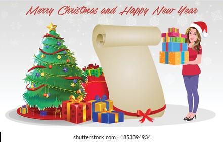 Christmas Santa Girl Character with Christmas Gifts, Christmas tree and explainer animation poses. Character set with poses, Girl with mobile showing online sale offer.