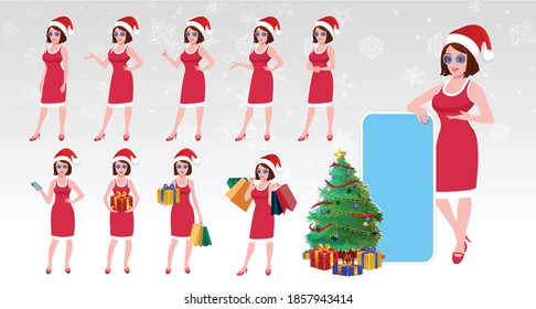 Christmas Santa Girl Character with Christmas Gifts, Christmas tree and explainer animation poses. Character set with poses, Girl with mobile showing online sale offer