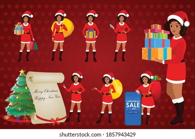 Christmas Santa Girl Character with Christmas Gifts, Christmas tree and explainer animation poses. Character set with poses, Girl with mobile showing online sale offer