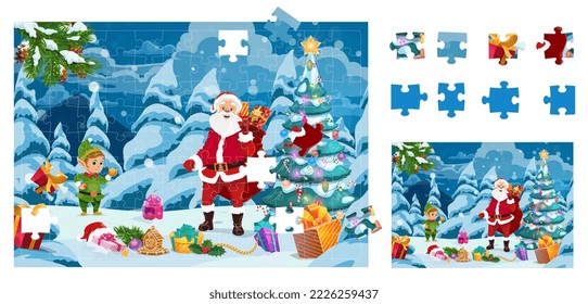 Papá Noel, gnomo y regalos en un bosque nevado. Piezas de juego de rompecabezas con árbol de navidad vectorial, cajas de regalo de vacaciones de invierno, Santa Claus y personajes de caricatura elfo. Hoja de trabajo del juego de educación infantil