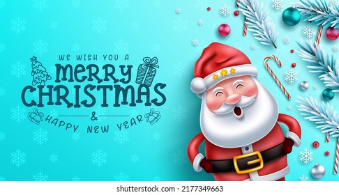 Diseño de fondo vectorial de saludo de Navidad santa. Feliz navidad de texto con el personaje de santa claus en la expresión de risa de la tarjeta de celebración de navidad. Ilustración vectorial.
