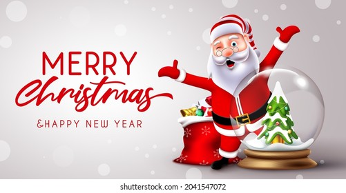 Diseño de vectores de saludo de Navidad santa. Feliz texto de Navidad con el personaje de santa claus en una alegre y de pie pose con una bola de cristal para la celebración de Navidad. Ilustración vectorial.
