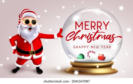 Diseño de vectores de saludo de Navidad santa. Feliz texto de Navidad con el personaje de santa claus parado con una bola de cristal para la decoración de tarjetas de Navidad. Ilustración vectorial.
