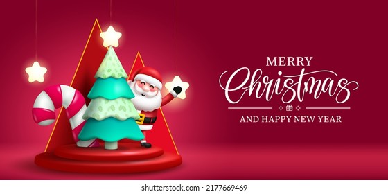 Christmas santa greeting vector design. Merry christmas text in red background with waving santa claus character and xmas tree decoration elements for holiday celebration. Vector illustration.
