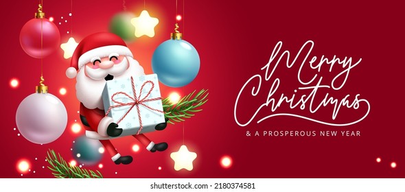 Christmas santa greeting vector design. Merry christmas text in red background with santa claus character holding gift element for xmas holiday messages card. Vector illustration.
