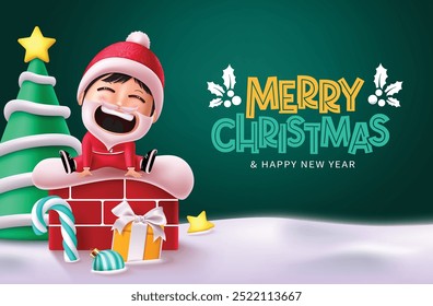 Navidades santa saludo diseño de Vector. Texto de felicitación feliz de la Navidad con el carácter lindo del niño de Santa Claus que se sienta en chimenea con los Elementos del árbol de pino en fondo del invierno de la nieve. Ilustración vectorial 