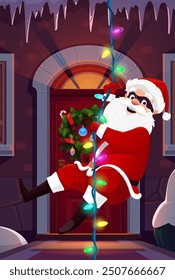 Christmas Santa hanging on garland on door porch for secret Santa party. Cartoon vector Secret Santa in mask sneaking in house from roof with icicles for winter holiday Christmas and New Year