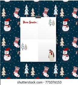 A Christmas Santa hanging white paper letter to Santa with Christmas pattern, Christmas tree, snowman, penguin, wool sock, for holly jolly celebration, card scrapbook wrapping background paper season