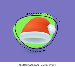 Christmas or Santa hat 3D illustration. Red Santa Claus hat with white pompom 3D vector illustration on abstract background. Christmas, decoration, New Year, winter holidays, accessories concept