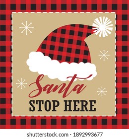 Christmas santa hat and buffalo plaid for greeting card or gift bag and box