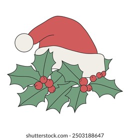 christmas Santa hat with holly berry illustration 