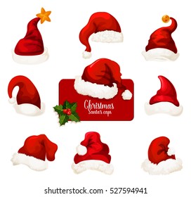 Christmas Santa hat isolated cartoon icon set. Red cap of Santa Claus with star and jingle bell. Winter holidays traditional costume for festive design