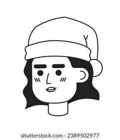 Christmas santa hat latina woman black and white black and white 2D vector avatar illustration. Xmas girl outline cartoon character face isolated. Hispanic smiling flat user profile image, portrait