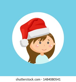 Christmas and Santa hat on little girl portrait. Winter holiday celebration, festive headdress, child or kid, party costume, red textile and fur. Vector illustration in flat cartoon style