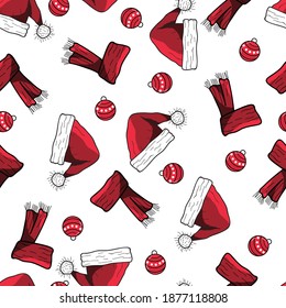 Christmas Santa Hat and Ornaments Vector Seamless Pattern