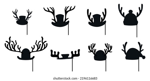 Christmas Santa hats with antlers set for photo prop box. Vector stock outline illustration isolated on white background for photo booth winter holiday industry. EPS10