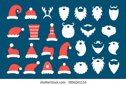 Christmas Santa hats and beards set. New year caps and mustache isolated on dark background. Vector illustration. Photo booth props for a winter party