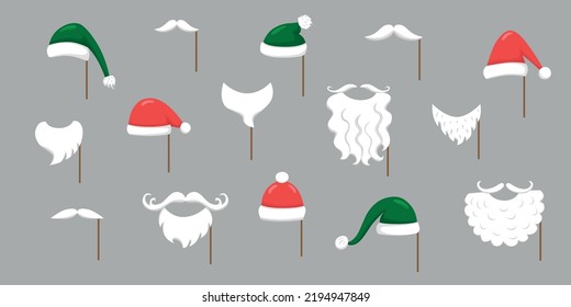 Christmas Santa hats, moustache, beard set for photo prop box. Vector stock illustration isolated on background for photo booth winter holiday industry. EPS10