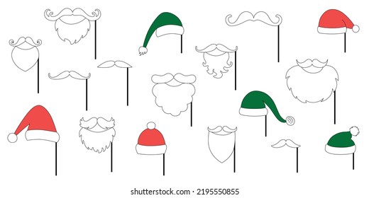 Sombreros de Papá Noel de Navidad, bigote, barba puesta para la caja de apoyo fotográfico. Ilustración del contorno del material vectorial aislada en fondo blanco para la industria de la cabina fotográfica de vacaciones de invierno. EPS10