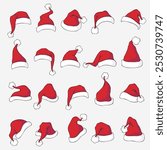 Christmas Santa Hats Set. New Year Red Hat Isolated on Transparent Background. Vector flat illustration.