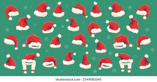 Christmas Santa Hats Set. New Year Red Hat Isolated on Transparent Background. New Year and Christmas. Hats on a green background 