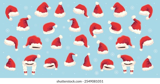 Christmas Santa Hats Set. New Year Red Hat Isolated on Transparent Background. Red hat on a blue background with snowflakes 