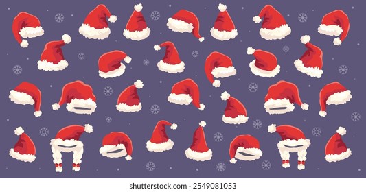 Christmas Santa Hats Set. New Year Red Hat Isolated on Transparent Background. Red hat on a dark background with snowflakes 