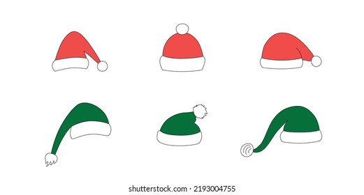 Christmas Santa hats set for photo prop box. Vector stock illustration isolated on white background for photobooth winter holiday industry. EPS10