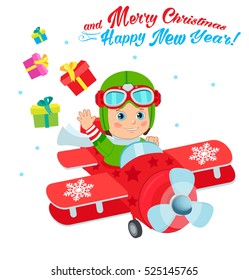 Christmas Santa Helper Boy Cartoon Character. Cute Boy Pilot Flies On A Airplane And Deliver Christmas Gifts. Design For New Year Holiday Theme.