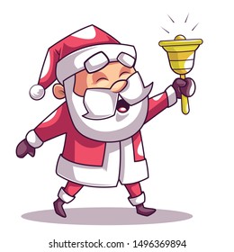 Christmas Santa Holding Bell Cartoon Sticker.Vector Illustration Isolated on White Background