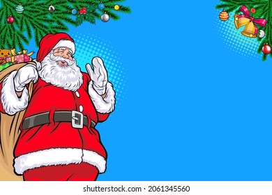 christmas Santa holding gift bag card template pop art comics style