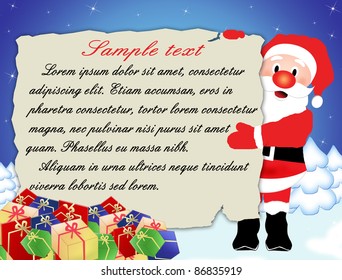 Christmas Santa holding old paper with copy space and gifts, vector illustration