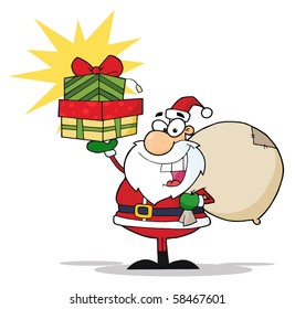 Christmas Santa Holding Up A Stack Of Gifts