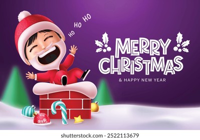 Christmas santa kid vector design. Merry christmas greeting text with cute santa claus character sitting, waiving and singing in chimney snow winter purple background. Vector illustration holiday 