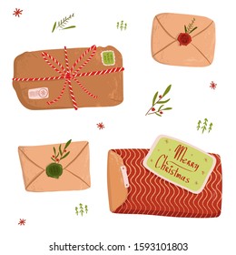 Christmas Santa mail objects set. Cozy winter elements with postcard, christmas letters and parcel for print, textile, book, postcard, stickers, site design. Vector illustration.