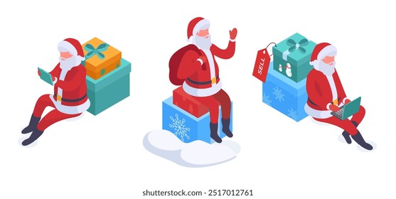 Navidades de mascotas de Santa. Santa Claus isométrica con cajas de regalo, lindas mascotas de Santa 3d Ilustración vectorial plana. Navidades de dibujos animados de vacaciones de Santa Claus personajes