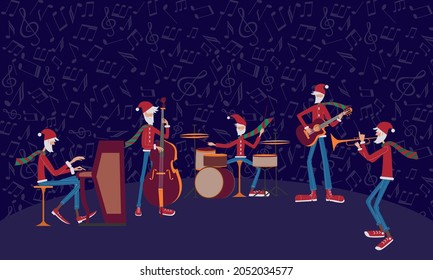 Christmas Santa music jazz band. Character vector illustration. Dark background with musial notes. 