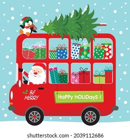 Christmas santa, penguin and double decker bus for christmas card, gift bag or box design