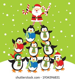 Christmas santa and penguins for christmas greeting card