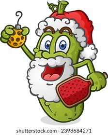 Christmas Santa Pickle cartoon with a big white beard and holding pickleball ornaments and gear full of holiday cheer vector clip art