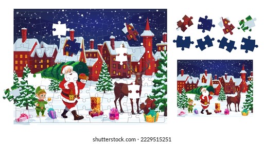 Christmas santa with pine holiday tree. Jigsaw puzzle game pieces. Vector Logic worksheet find detail that fell out of xmas picture. Quiz page for kid, brain teaser task for developing attentiveness