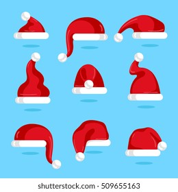 Christmas santa red hat isolated vector icons. Cartoon xmas santa hat set. Santa hat for photo montage or christmas party with santa hat.