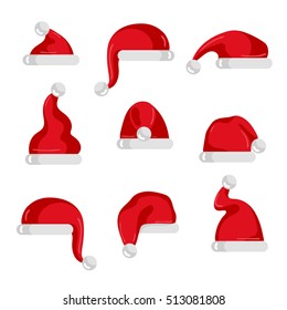 Christmas Santa Red Hat Isolated Vector Icons. Cartoon Xmas Santa Hat Set. Santa Hat For Photo Montage Or Christmas Party With Santa Hat.