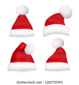 Christmas Santa red hat set isolated on white background.  Realistic style. Vector illustration.
