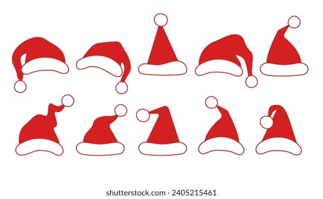 Christmas Santa red hats with white fur collection isolated on white background. Vector illustration for New Year design poster, card, sticker