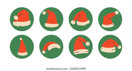 Navidades Santa sombreros rojos con colección de piel blanca círculo pegatinas verdes aisladas sobre fondo blanco. Ilustración vectorial para el cartel del diseño del año Nuevo, tarjeta, etiqueta engomada .