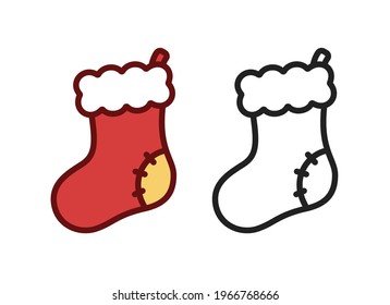 Christmas Santa red and white fluffy socks stockings cartoon doodle clip art outline set. Simple flat logo icon, sign, symbol, print vector illustration design isolated element on white background.