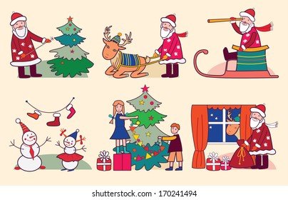Christmas with Santa, reindeer and children (vector illustration)