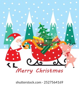 Christmas santa, reindeer and sleigh for greeting card and gift bag or box design

