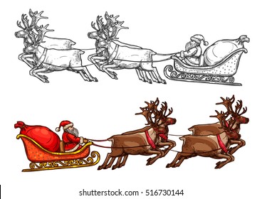 Christmas Santa riding on sleigh with reindeer and big gift back sack full of sweets. New Year Santa team sledding. Isolated color sketch symbol for greeting